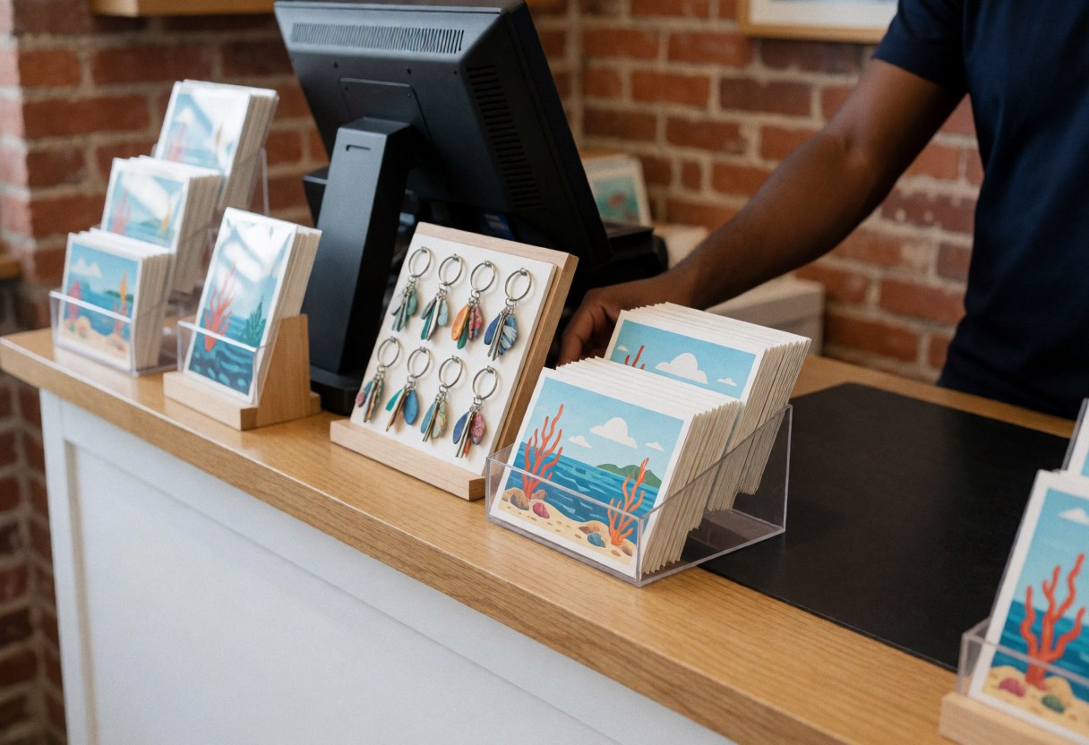 Comptoir de magasin avec cartes marines et porte-clés en corail, mur de briques rouges, personne organisant des produits.