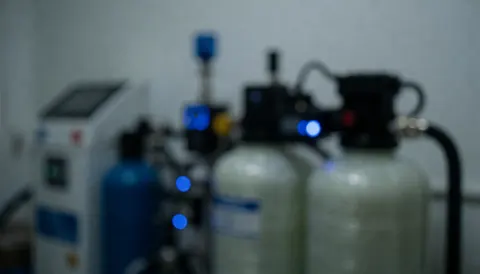 Arrière-plan flou d'un laboratoire aquatique avec des bacs, des tuyauteries et des éclairages LED bleus, idéal pour intégrer du texte professionnel.