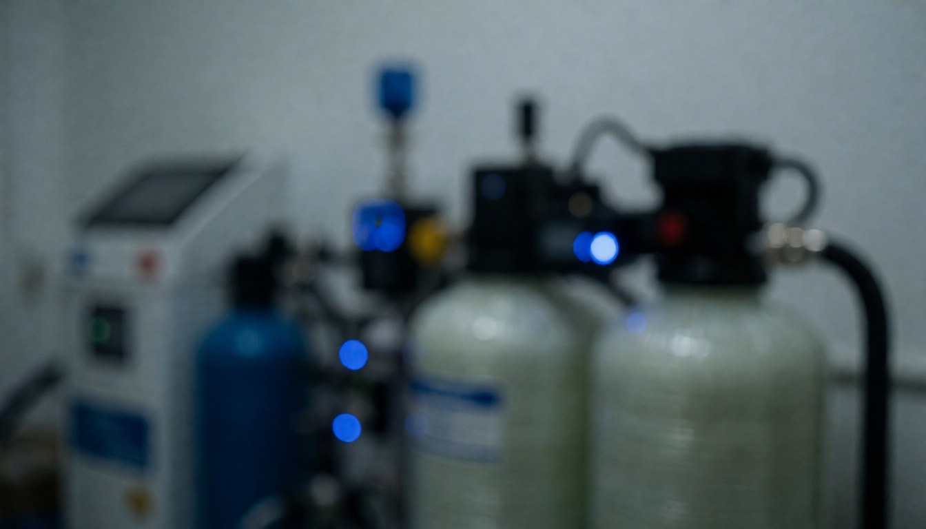 Arrière-plan flou d'un laboratoire aquatique avec des bacs, des tuyauteries et des éclairages LED bleus, idéal pour intégrer du texte professionnel.