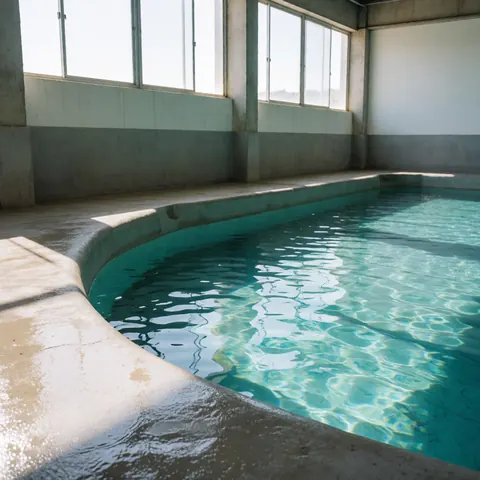 Intérieur d'une piscine aux eaux turquoise avec des bords en béton humides et la lumière du soleil entrant par des fenêtres hautes, adapté aux aquariums ou centres éducatifs.