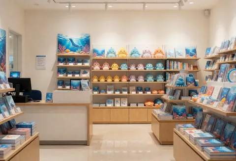 Vitrine de magasin vide présentant des étagères remplies de peluches à thème marin, des livres et un comptoir propre sous une lumière vive sur un sol poli.
