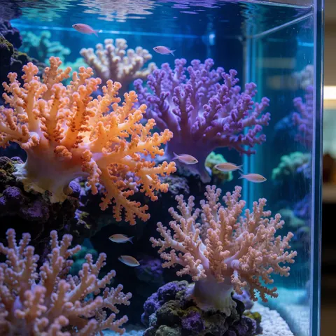Corail orange et violet dans un aquarium avec de petits poissons nageant entre les branches, éclairage bleu, paroi en verre visible