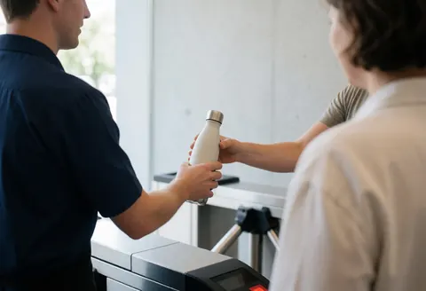 Un employé en uniforme bleu foncé remet une bouteille blanche réutilisable à un client près d'un tourniquet métallique dans un hall moderne.