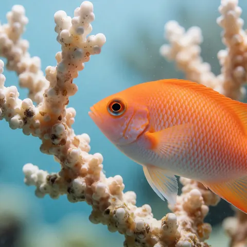 Poisson anthurias orange vif nageant près d'un corail blanc texturé sur fond d'eau bleu doux flou avec éclairage naturel mettant en valeur ses écailles et nageoires