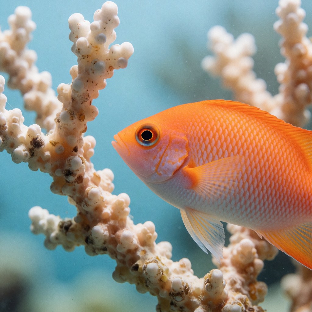 Poisson anthurias orange vif nageant près d'un corail blanc texturé sur fond d'eau bleu doux flou avec éclairage naturel mettant en valeur ses écailles et nageoires