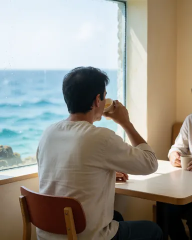 Un homme adulte boit un café à une table près d'une grande fenêtre offrant une vue sur la mer, baigné de lumière naturelle dans un intérieur beige calme et relaxant.