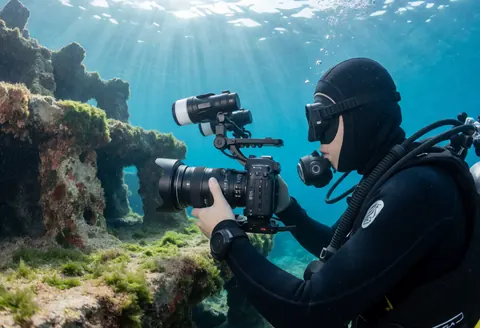 Photographe sous-marin professionnel ajuste son équipement près d'une structure en béton couverte d'algues avec des rayons de soleil filtrant depuis la surface.