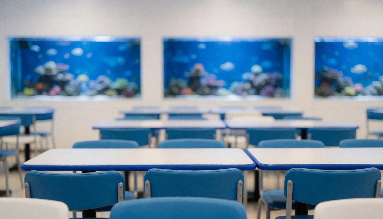 Intérieur d'un restaurant aquatique avec tables et chaises bleues sur fond flou d'aquariums marins, idéal pour textes et design.
