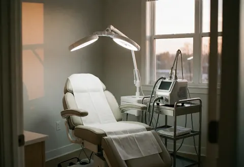 Salle de traitement moderne et stérile équipée d'un fauteuil inclinable, d'éclairages LED et d'un chariot en acier inoxydable contenant du matériel médical. Murs gris et lumière naturelle entrant par la fenêtre.