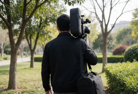 Un vidéaste professionnel marche dans un parc verdoyant, portant une caméra sur l'épaule et un sac à dos, baigné de lumière naturelle.