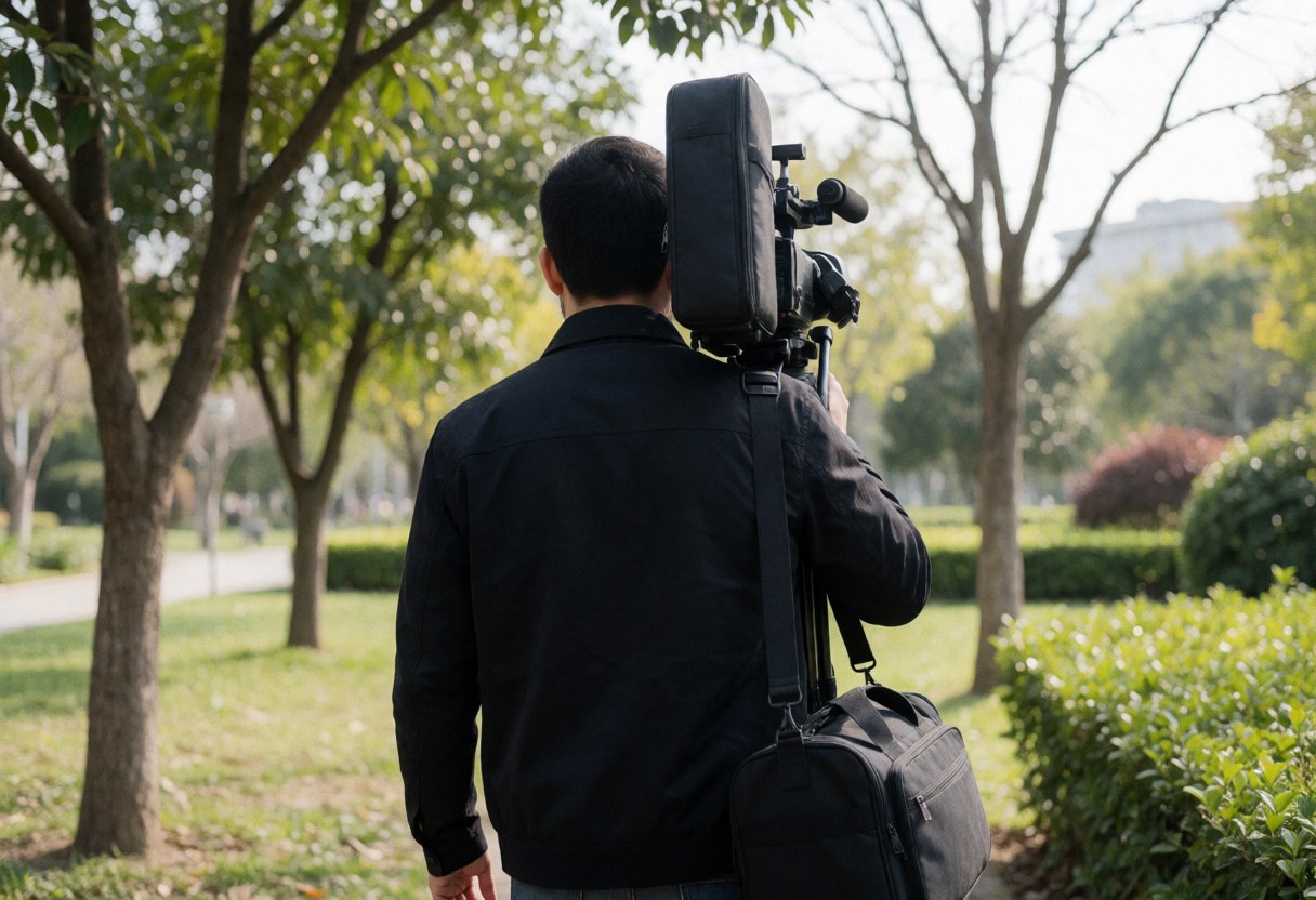 Un vidéaste professionnel marche dans un parc verdoyant, portant une caméra sur l'épaule et un sac à dos, baigné de lumière naturelle.