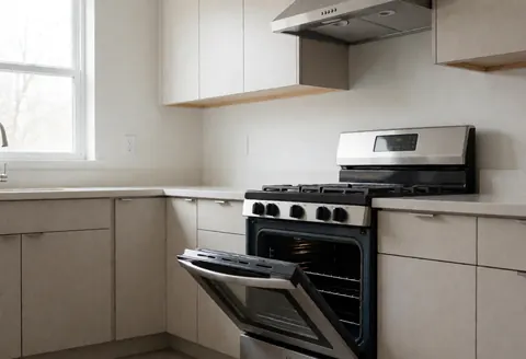 Four en acier inoxydable ouvert dans une cuisine résidentielle moderne, révélant un intérieur propre et prêt pour la réparation, éclairé par la lumière naturelle.