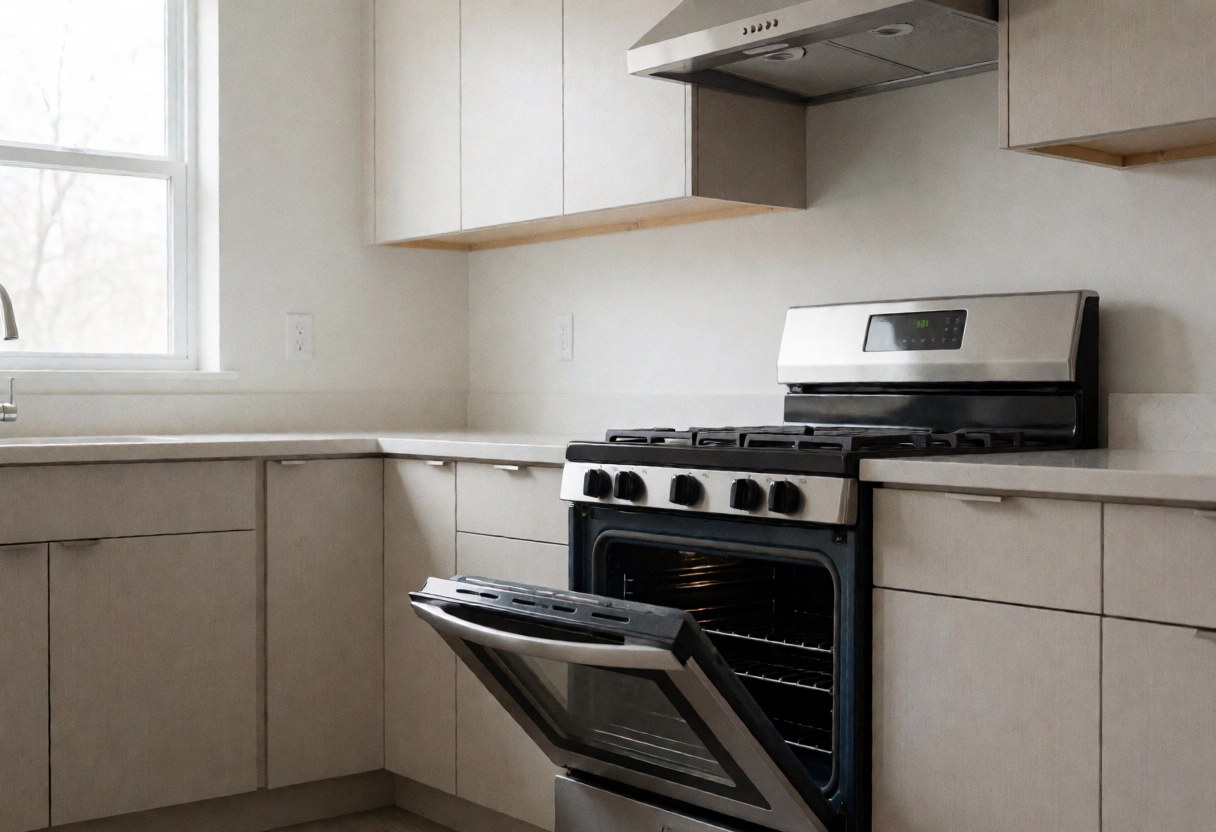 Four en acier inoxydable ouvert dans une cuisine résidentielle moderne, révélant un intérieur propre et prêt pour la réparation, éclairé par la lumière naturelle.