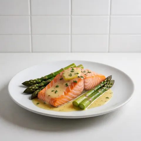 Assiette de saumon cuit accompagné d'épinards verts et d'une sauce jaune, posée sur un fond de carreaux blancs avec une éclairage professionnel.