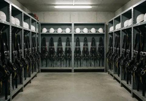 Salle industrielle contenant des casques blancs et des harnais noirs accrochés sur des étagères métalliques, éclairée par des néons, sol en béton propre et rangé.