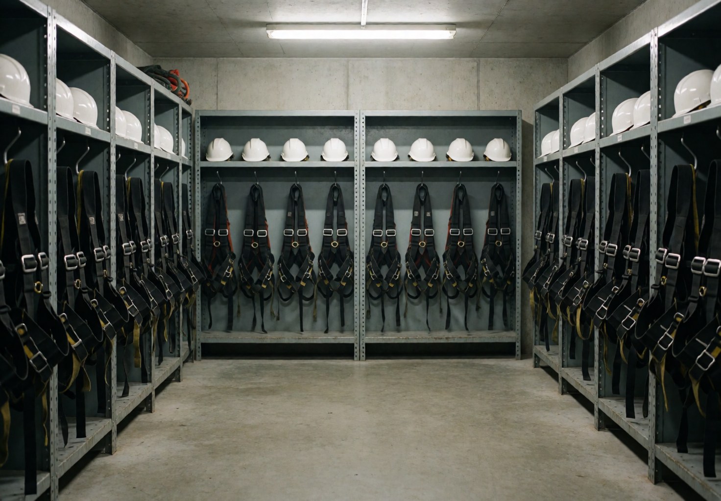 Salle industrielle contenant des casques blancs et des harnais noirs accrochés sur des étagères métalliques, éclairée par des néons, sol en béton propre et rangé.