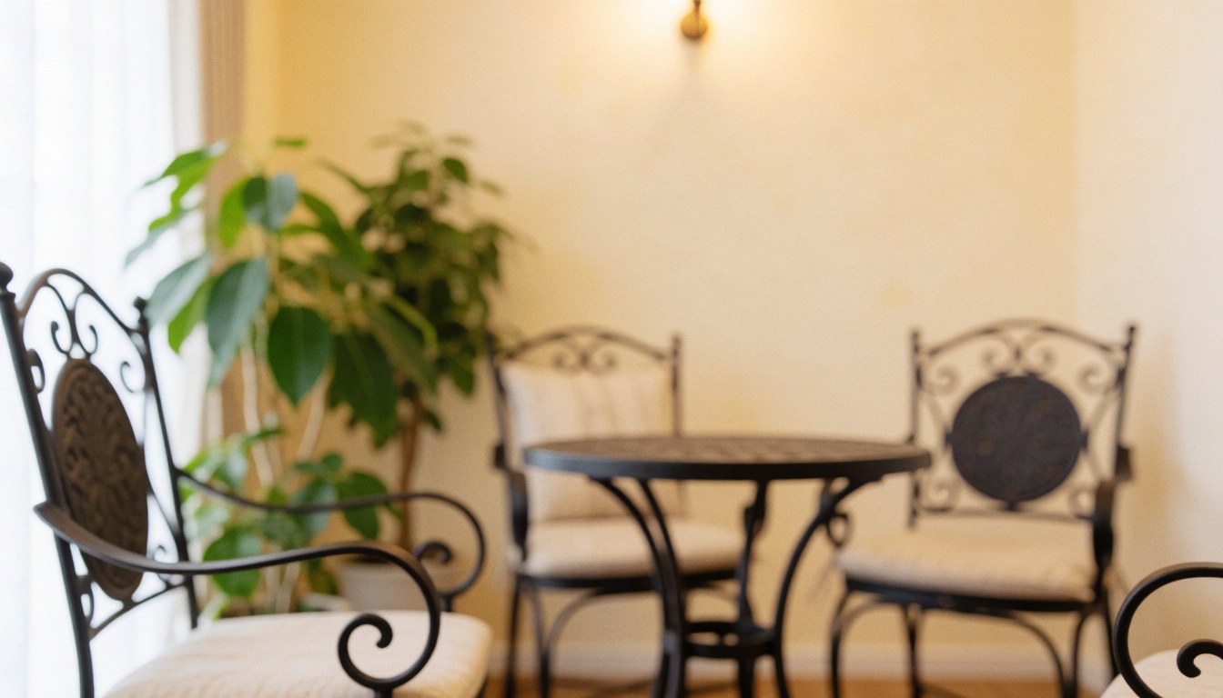 Chaises en fer forgé avec coussins, table ronde et plantes vertes dans un salon aux murs clairs et à la lumière chaude.