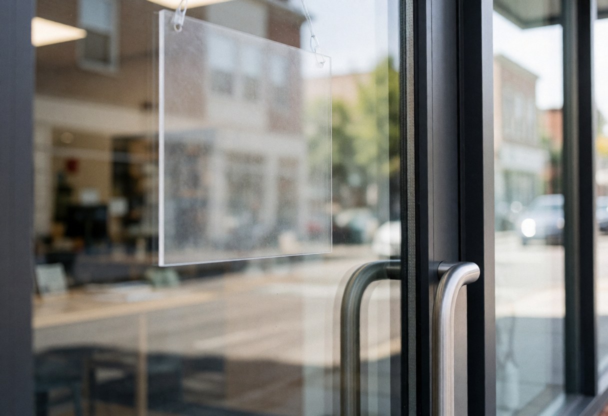 Porte vitrée dotée d'une poignée métallique, reflétant la rue et une fenêtre intérieure, adaptée à un commerce ou atelier.