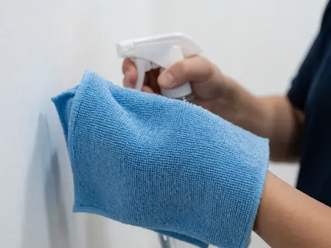 Chiffon en microfibre bleu pour nettoyer écrans LED et OLED, avec spray en arrière-plan, idéal pour réparation de TV