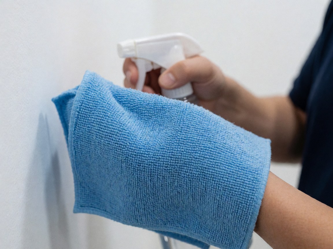 Chiffon en microfibre bleu pour nettoyer écrans LED et OLED, avec spray en arrière-plan, idéal pour réparation de TV