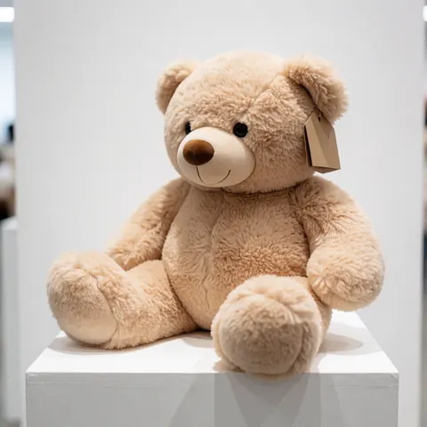 Un ours en peluche marron clair est assis sur un piédestal blanc avec un fond blanc flou, idéal pour une boutique de jouets ou un centre de divertissement.