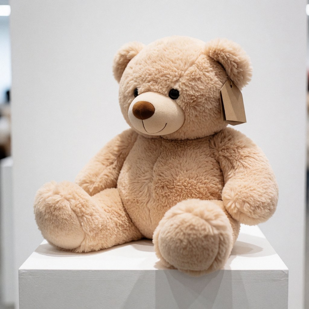 Un ours en peluche marron clair est assis sur un piédestal blanc avec un fond blanc flou, idéal pour une boutique de jouets ou un centre de divertissement.
