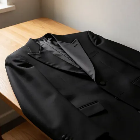 Une veste de tango noire à col satiné posée sur une table en bois, évoquant luxe et détail avec une lumière chaude sur fond neutre.