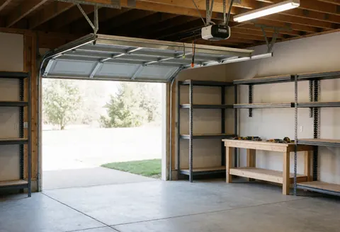 Garage résidentiel avec porte sectionnelle ouverte, étagères métalliques vides et établi en bois avec outils, idéal pour les installateurs de portes de garage.
