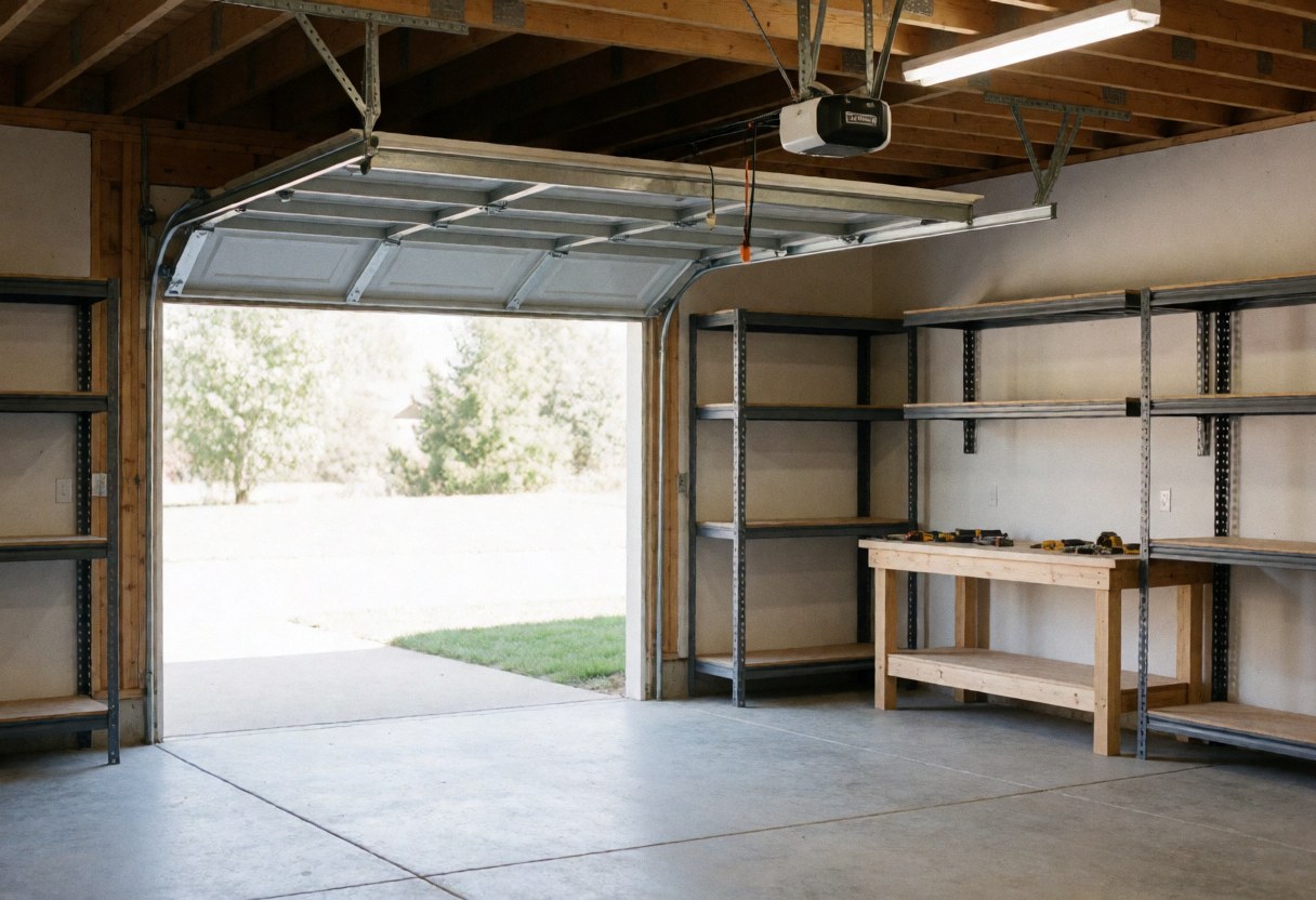 Garage résidentiel avec porte sectionnelle ouverte, étagères métalliques vides et établi en bois avec outils, idéal pour les installateurs de portes de garage.