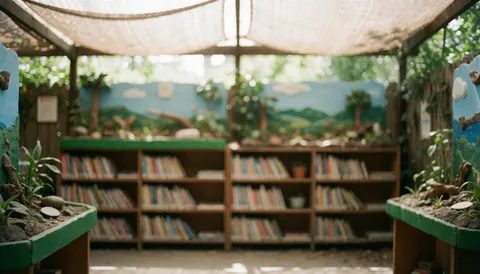 Fond flou d'une bibliothèque écologique avec des étagères de livres et des dioramas de paysages naturels sous une structure en maille, idéal pour les textes sur l'éducation environnementale.