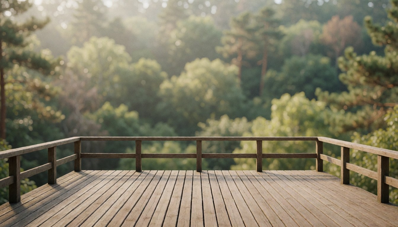 Plateforme en bois avec garde-corps offrant une vue sur une forêt dense et des arbres verts sous une lumière douce, idéale pour du texte ou des promotions de tourisme écologique.