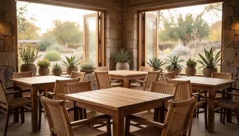 Terrasse en bois équipée de tables et de chaises en osier, murs en pierre, plantes grasses en pots et lumière naturelle diffuse créant une ambiance calme.
