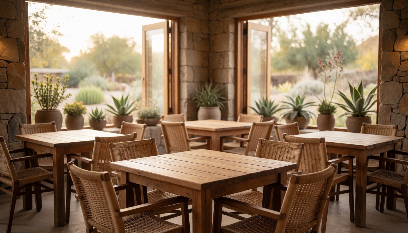 Terrasse en bois équipée de tables et de chaises en osier, murs en pierre, plantes grasses en pots et lumière naturelle diffuse créant une ambiance calme.