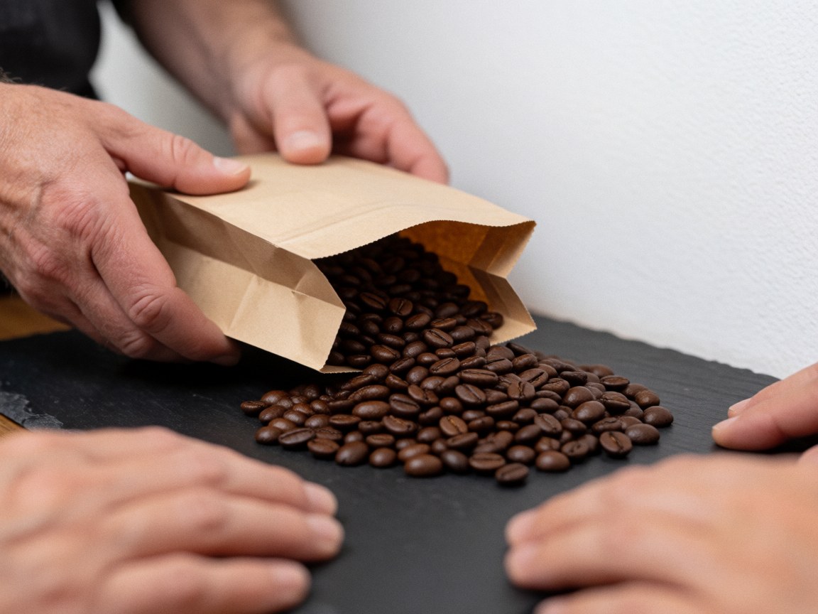 Des mains versent des grains de café d'une sacoche en papier sur un plan de travail en pierre foncée, mettant en valeur la texture détaillée des grains.