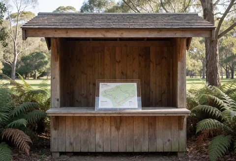 Kiosque en bois rustique dans un parc avec carte des sentiers sur support en acrylique, entouré de fougères et d'arbres, éclairé par la lumière naturelle.