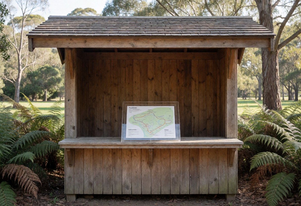 Kiosque en bois rustique dans un parc avec carte des sentiers sur support en acrylique, entouré de fougères et d'arbres, éclairé par la lumière naturelle.
