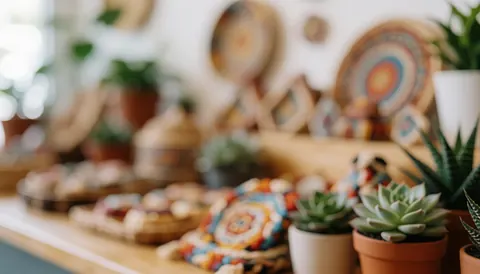 Arrière-plan d'une boutique présentant des objets artisanaux, des succulentes en pots et des éléments décoratifs aux tons chauds et textures naturelles.