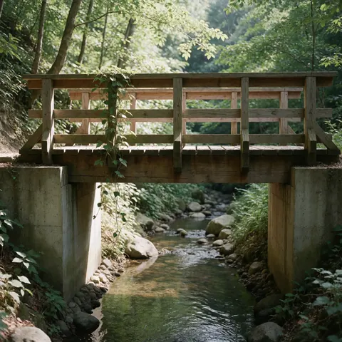 Un pont en bois couvert de lierre traverse un ruisseau clair entre les arbres, avec la lumière du soleil filtrant à travers la végétation dense.