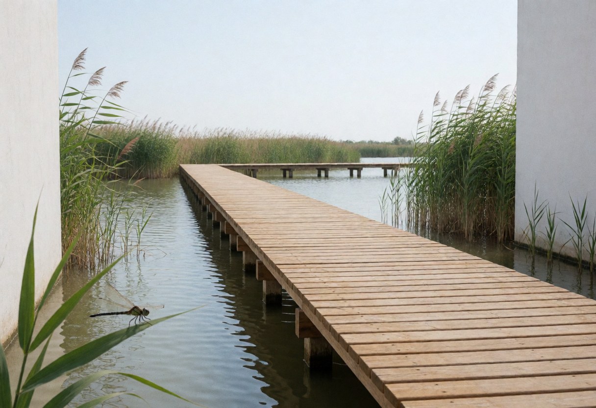 Passerelle en bois sur une eau calme entourée de roseaux, une libellule repose sur une feuille au premier plan, idéale pour un parc écologique.