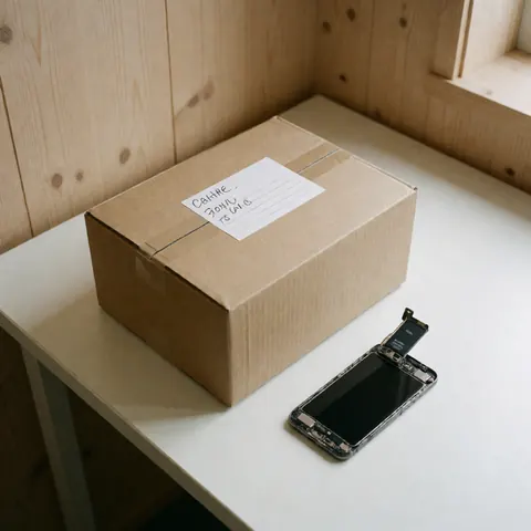 Carton étiqueté posé sur une table blanche avec un smartphone démonté à côté, illustrant le service de réparation et l'envoi par la poste.