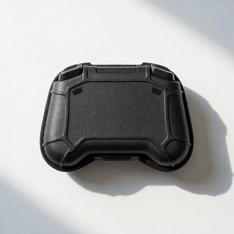 Vue de dessus d'une coque de protection noire texturée pour manette de jeu vidéo sur fond blanc avec coins renforcés et ombre douce.
