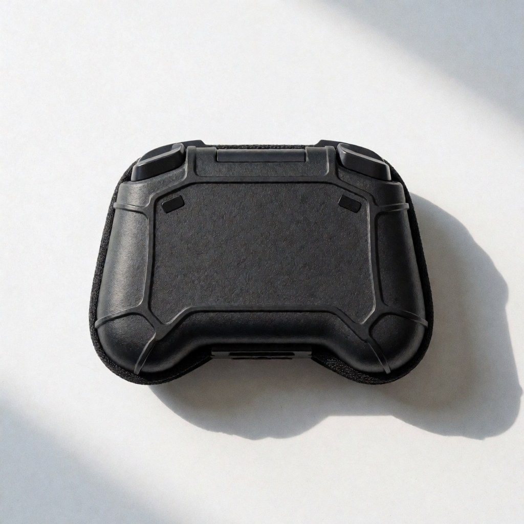 Vue de dessus d'une coque de protection noire texturée pour manette de jeu vidéo sur fond blanc avec coins renforcés et ombre douce.