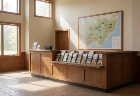 Accueil de parc écologique avec comptoir en bois, grande carte topographique et brochures pour visiteurs. Fenêtres hautes laissent entrer lumière naturelle sur sol carrelé.