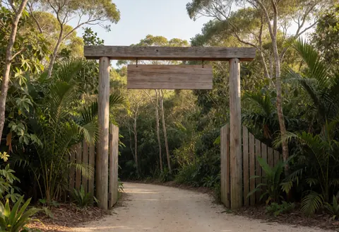 Entrée d'un parc écologique avec un arc en bois, un chemin de terre et une végétation luxuriante sous la lumière chaude du coucher de soleil.