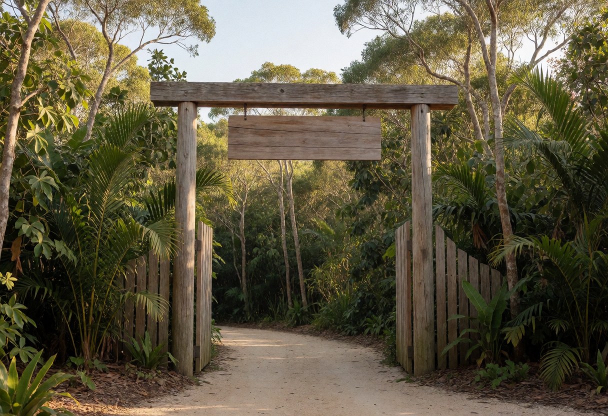 Entrée d'un parc écologique avec un arc en bois, un chemin de terre et une végétation luxuriante sous la lumière chaude du coucher de soleil.