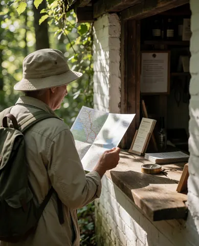 Un visiteur portant chapeau et sac à dos examine une carte sur un kiosque en bois dans un parc écologique, accompagné d'une boussole et de guides touristiques.