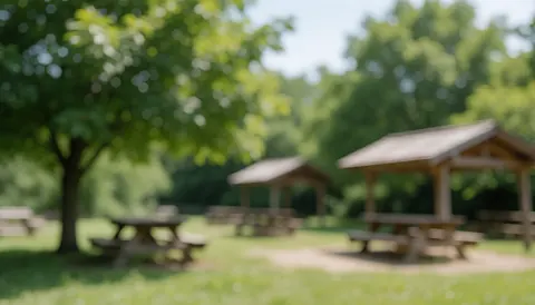 Scène paisible d'un parc écologique avec des tables en bois sous des arbres verts, arrière-plan doux et espace pour texte.