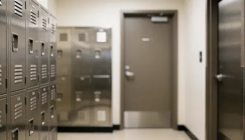 Corridor industriel avec des casiers métalliques et une porte d'accès, fond doux pour placer du texte, idéal pour les entreprises de services.