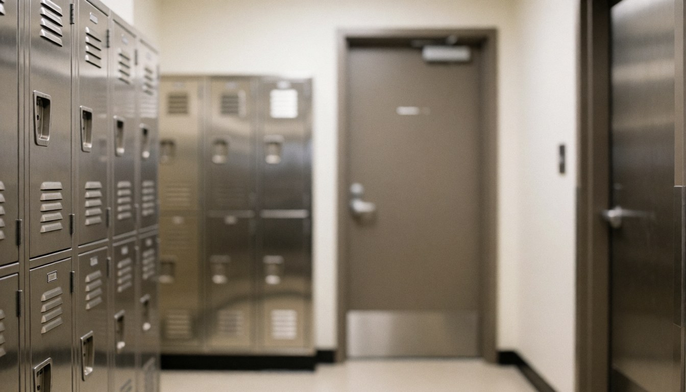 Corridor industriel avec des casiers métalliques et une porte d'accès, fond doux pour placer du texte, idéal pour les entreprises de services.