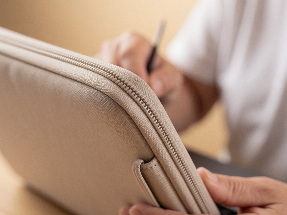 Gros plan sur une fermeture éclair métallique et la couture d'une housse beige pour ordinateur, mains effectuant un travail de précision sur fond doux et chaleureux.